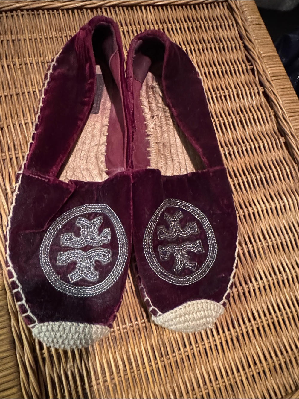Tory Burch Velvet Embroidered Women's Espadrilles - Burgundy - Size 6